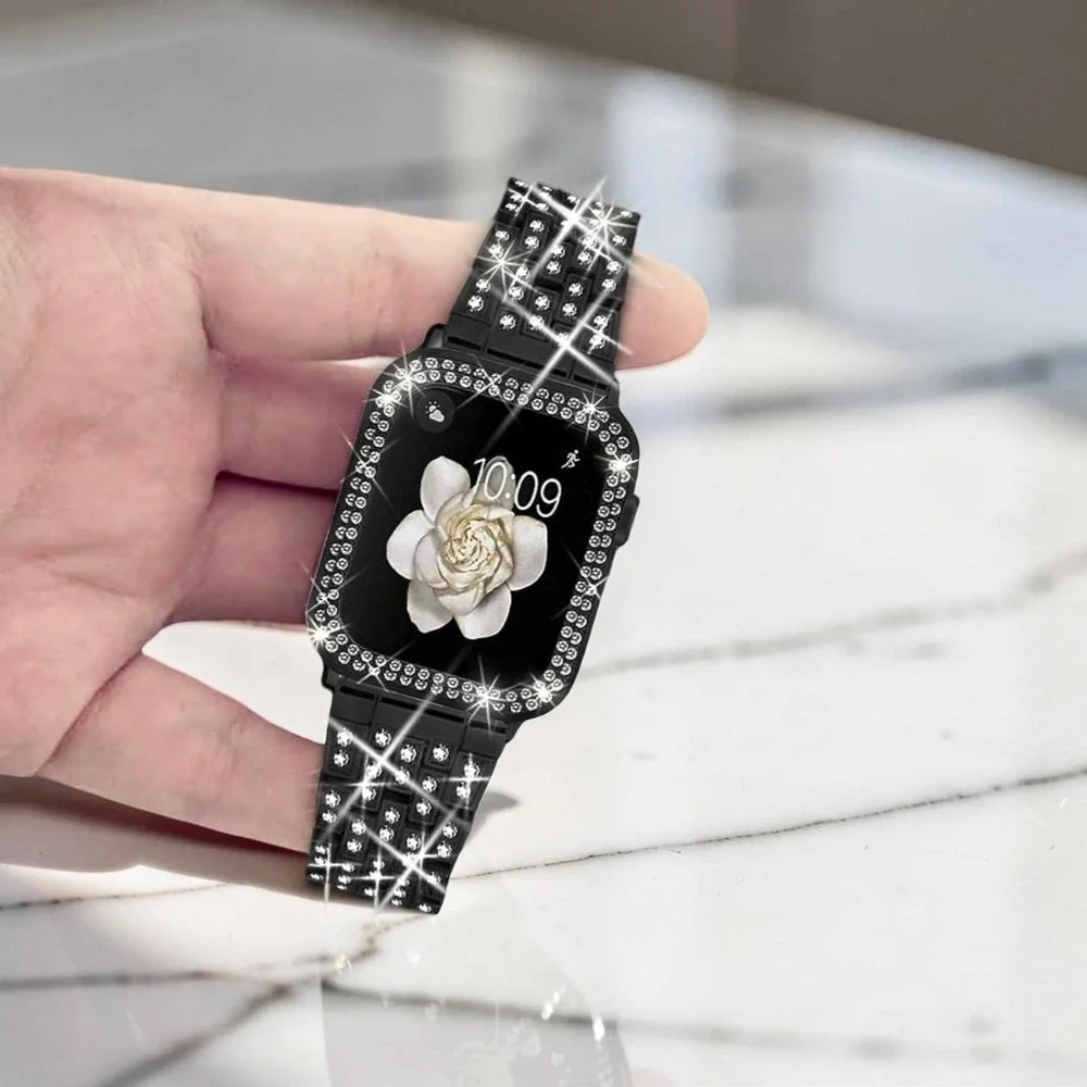 Bling Crystal Band and Bumper Case for Apple Watch Black Rhinestone Jewelry Link